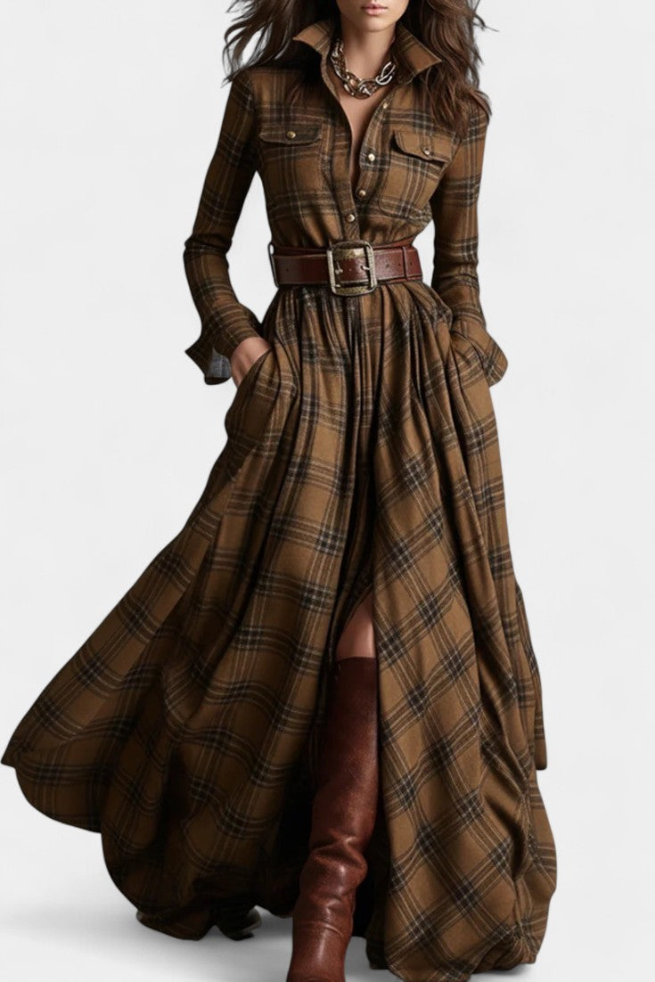 Camel Collared Plaid Long Sleeve Belted Pleated Flowy Maxi Dress