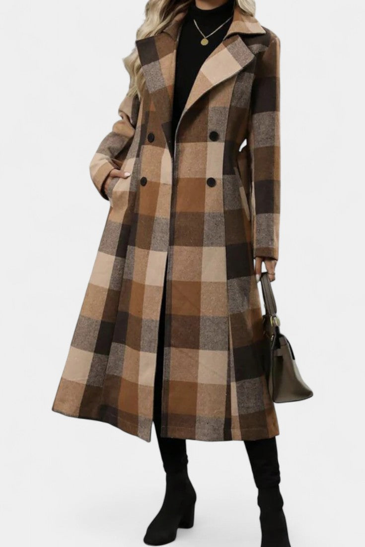 Notched Lapel Belted Plaid Wool Long Coat 2