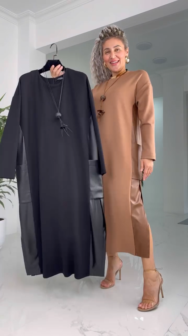 Round Neck Long Sleeve Side Slit Minimalist Shift Midi Dress