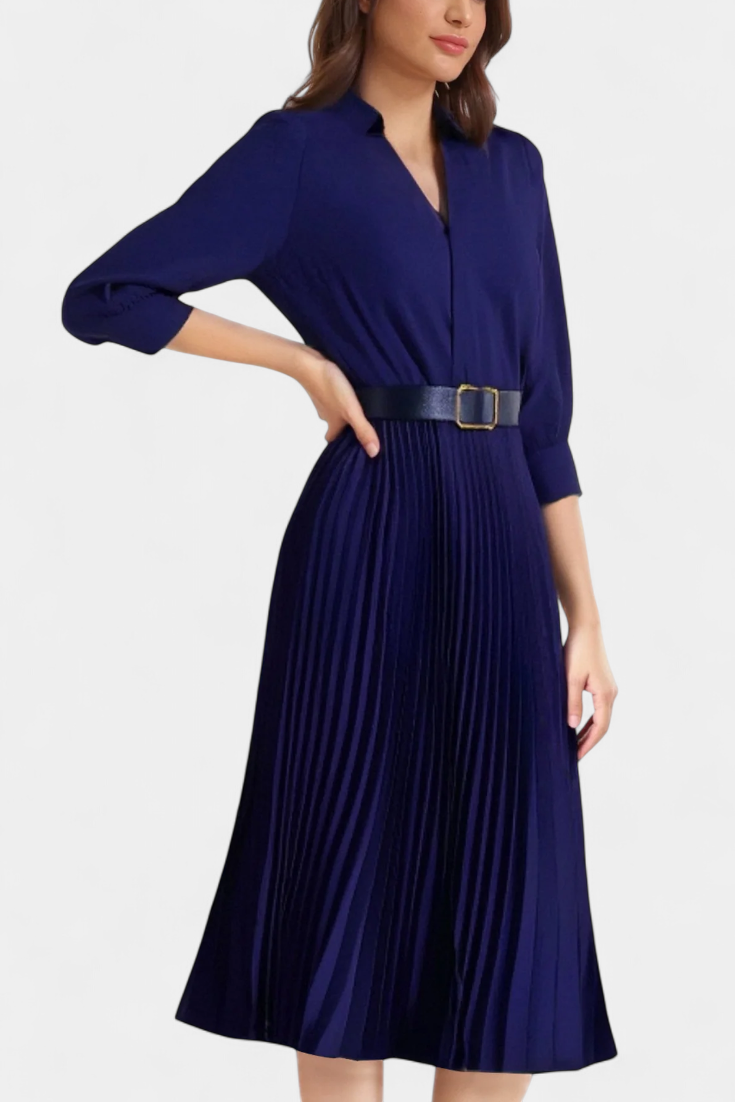 Collared Three-Quarter Sleeve Belted Pleated A-Line Midi Dress 5