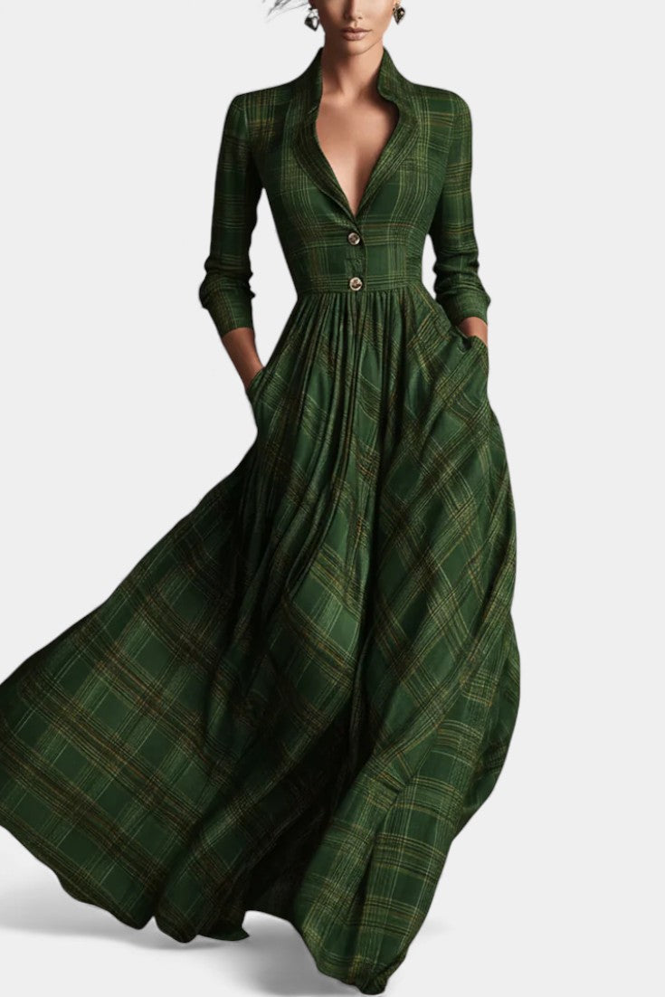 Stand Collar Plaid Long Sleeve Button Front Flared Maxi Dress 5