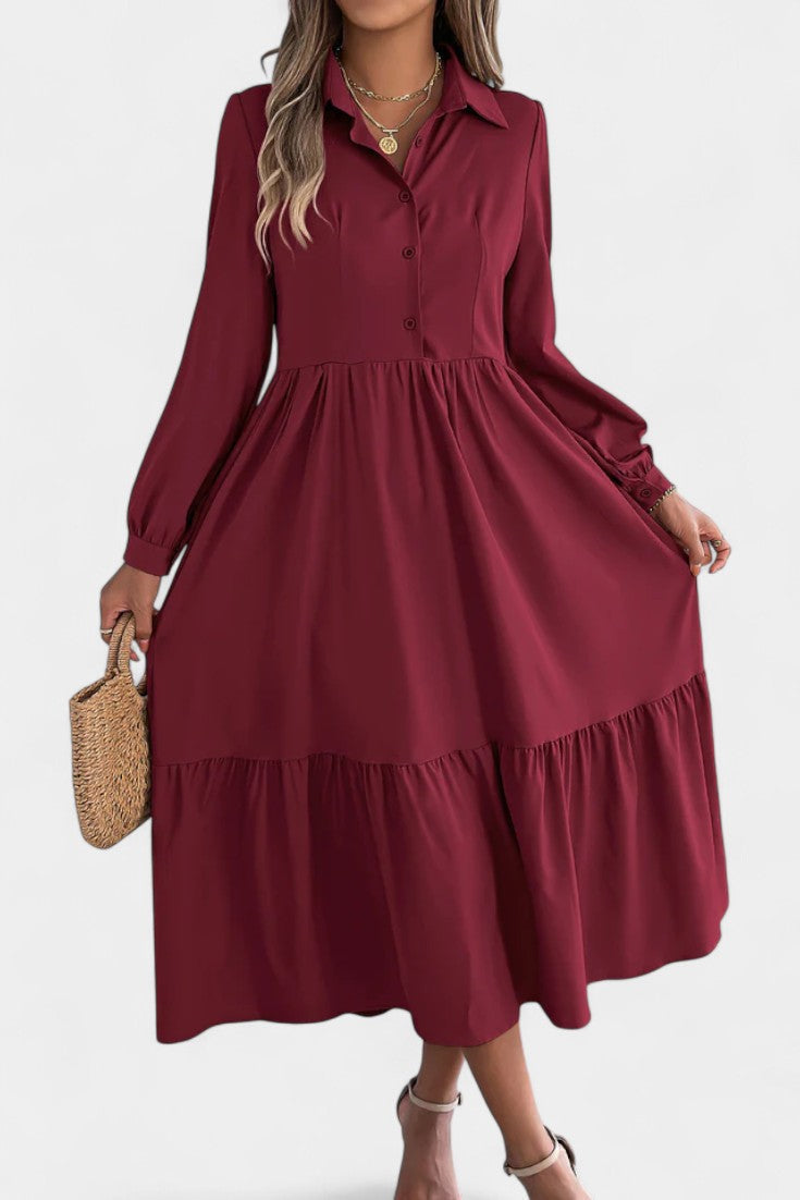 Collared Button-Front Long Sleeve Tiered Shirt Midi Dress