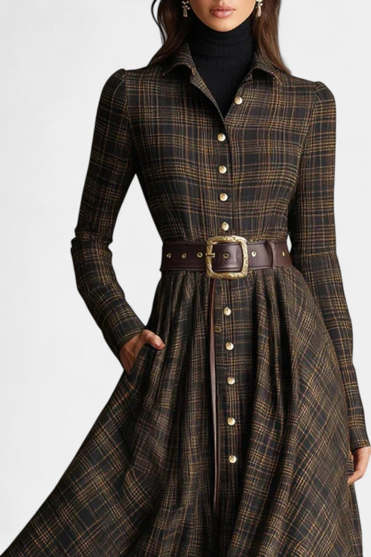 Brown Black Collared Long Sleeve Button Front Belted Plaid Flared Maxi Dress 2