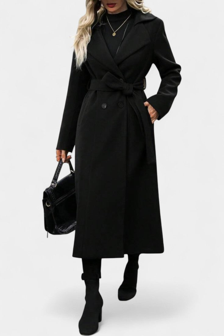 Notched Lapel Belted Plaid Wool Long Coat 11