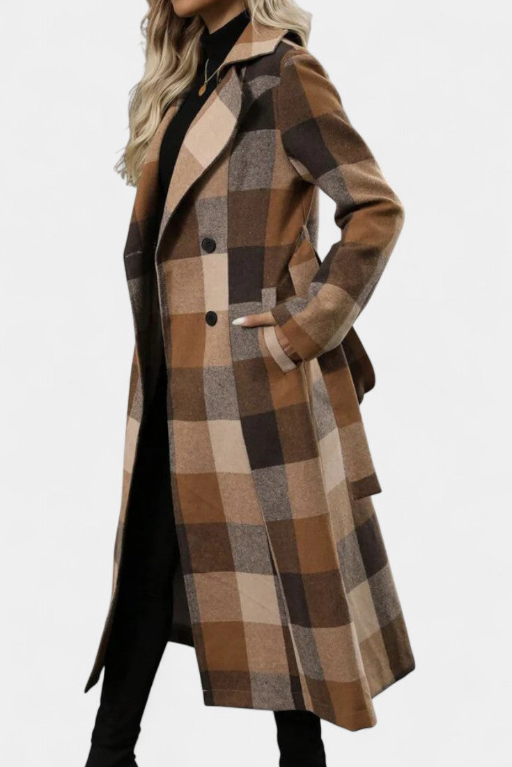 Notched Lapel Belted Plaid Wool Long Coat 5