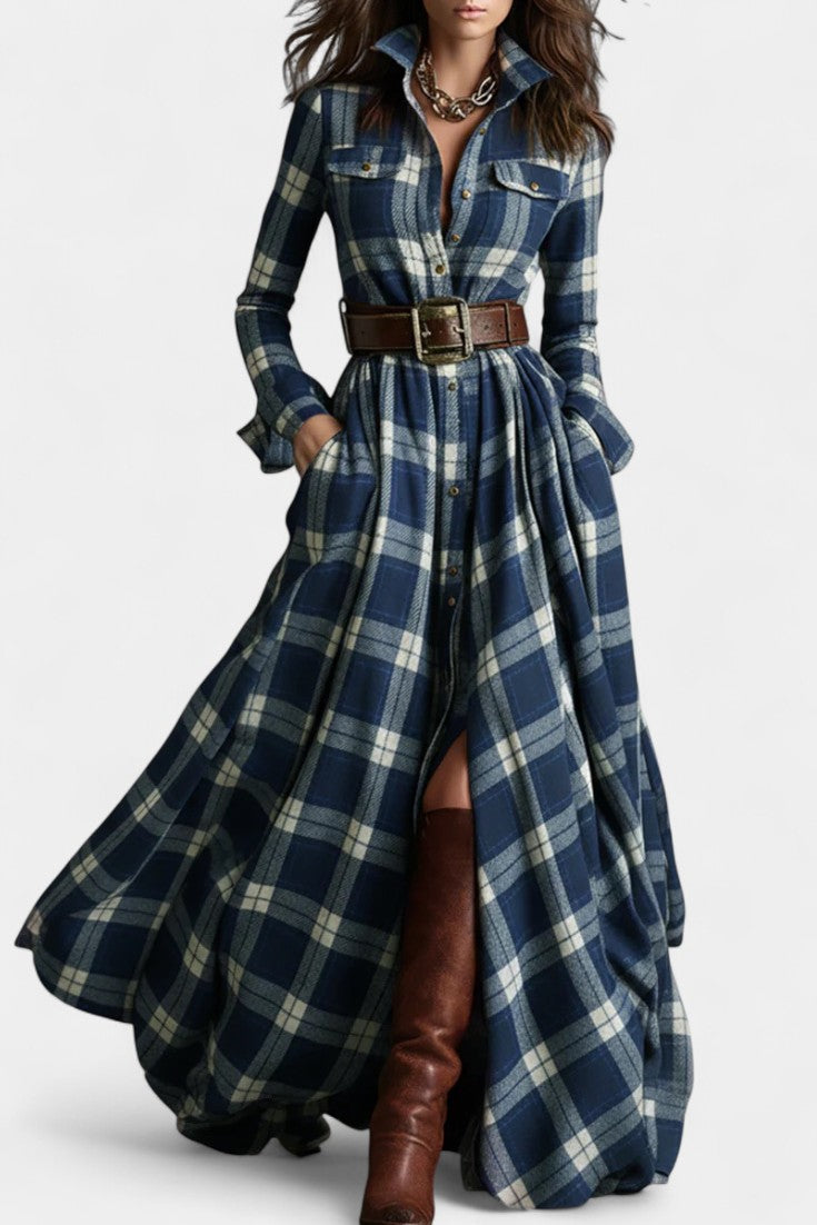 Blue Collared Plaid Button-Front Belted Long Sleeve Shirt Maxi Dress