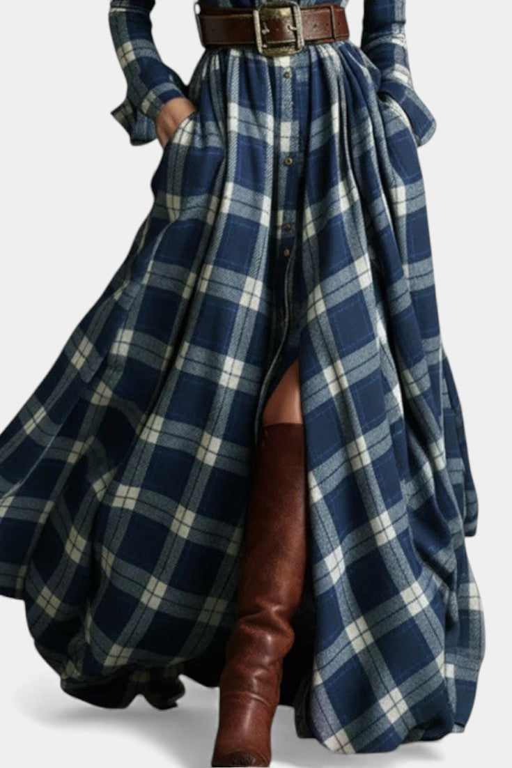 Blue Collared Plaid Button-Front Belted Long Sleeve Shirt Maxi Dress 3