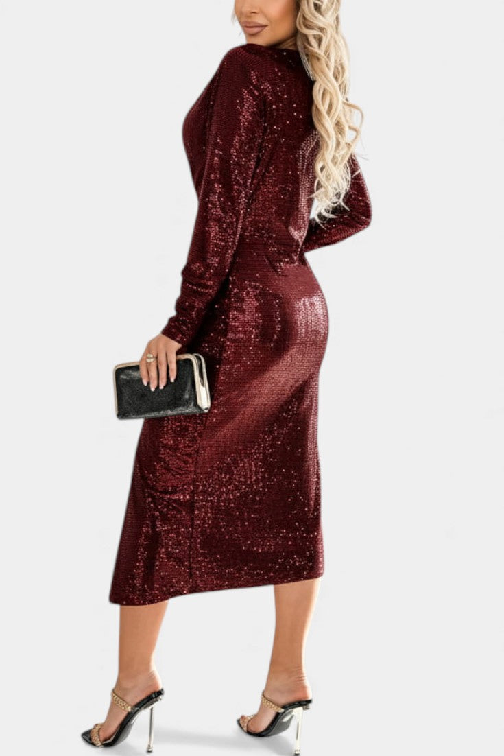 V-Neck Sequin Long Sleeve Twist Front High Slit Bodycon Midi Dress 15