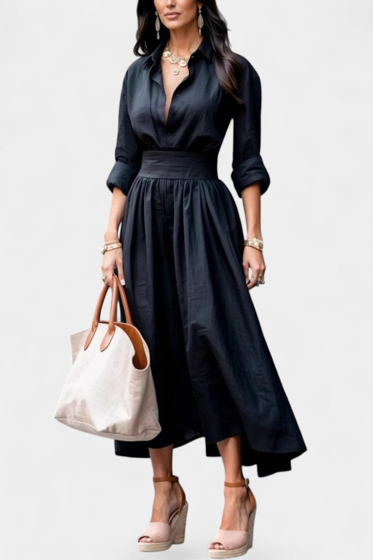 Collared Button Up Rolled Sleeve Pleated Shirt Maxi Dress 4