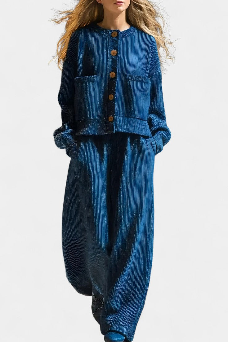Button Front Textured Patch Pocket Cardigan and Wide Leg Pants Set