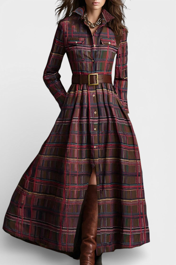 Collared Plaid Button Front Belted Pleated Long Sleeve Maxi Dress 10