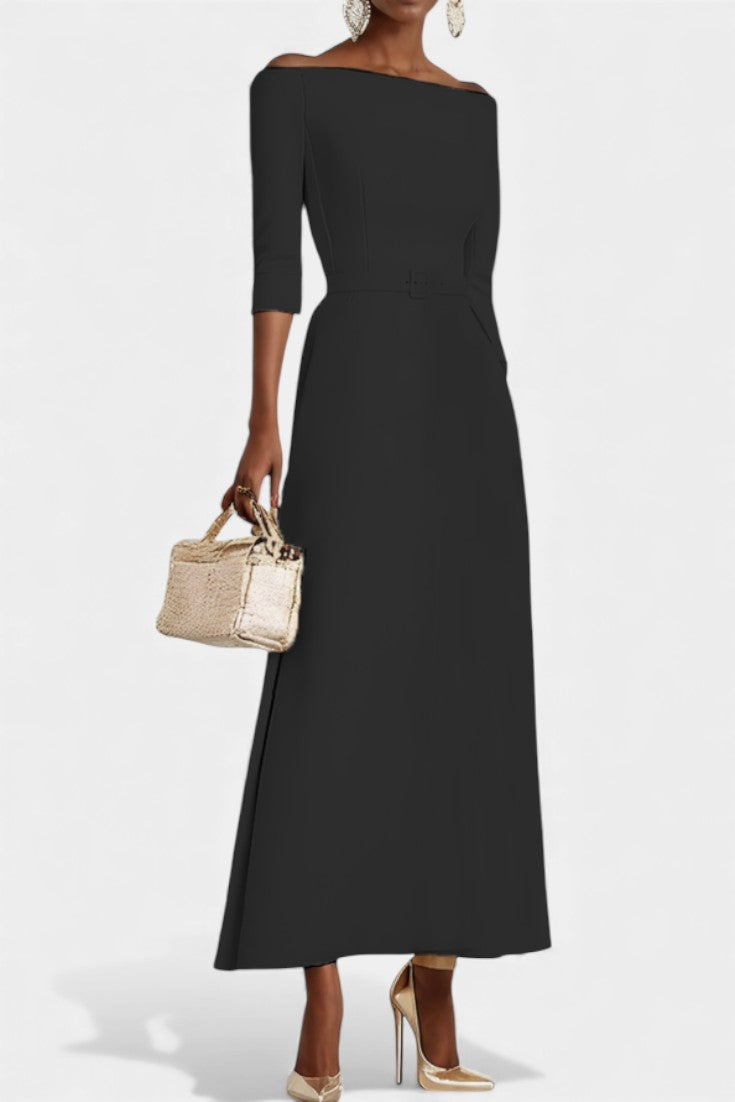 Off-Shoulder Half Sleeve Belted Waist A-Line Maxi Dress 6