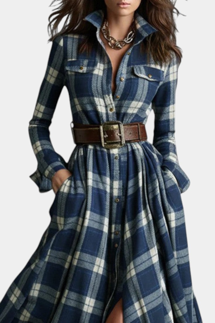 Blue Collared Plaid Button-Front Belted Long Sleeve Shirt Maxi Dress 2