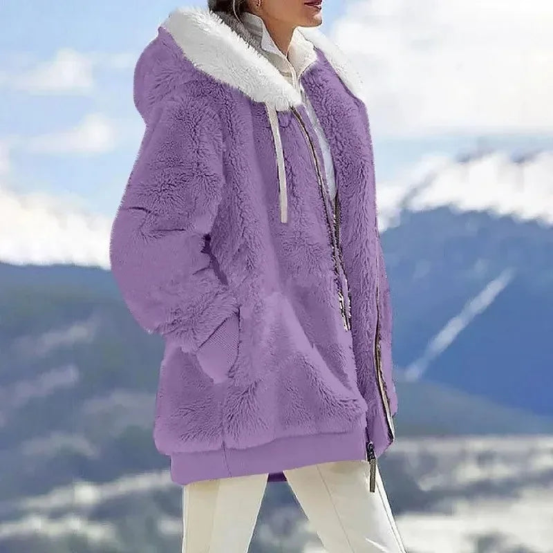 Hooded Zip Front Colorblock Patchwork Fleece Sherpa Jacket