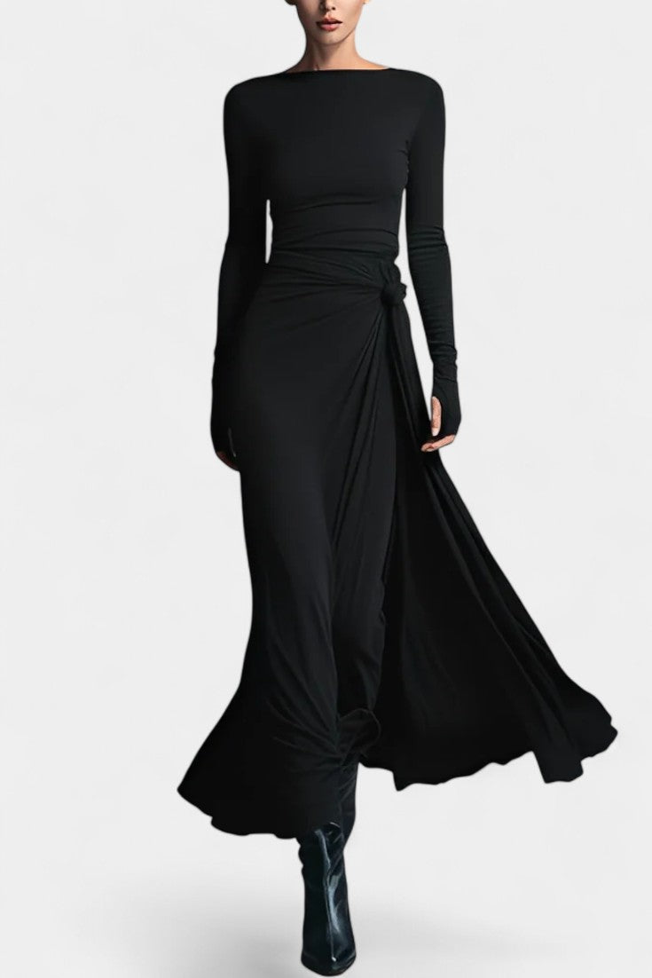 Boat Neck Long Sleeve Ruched Twist High Slit Maxi Dress 7