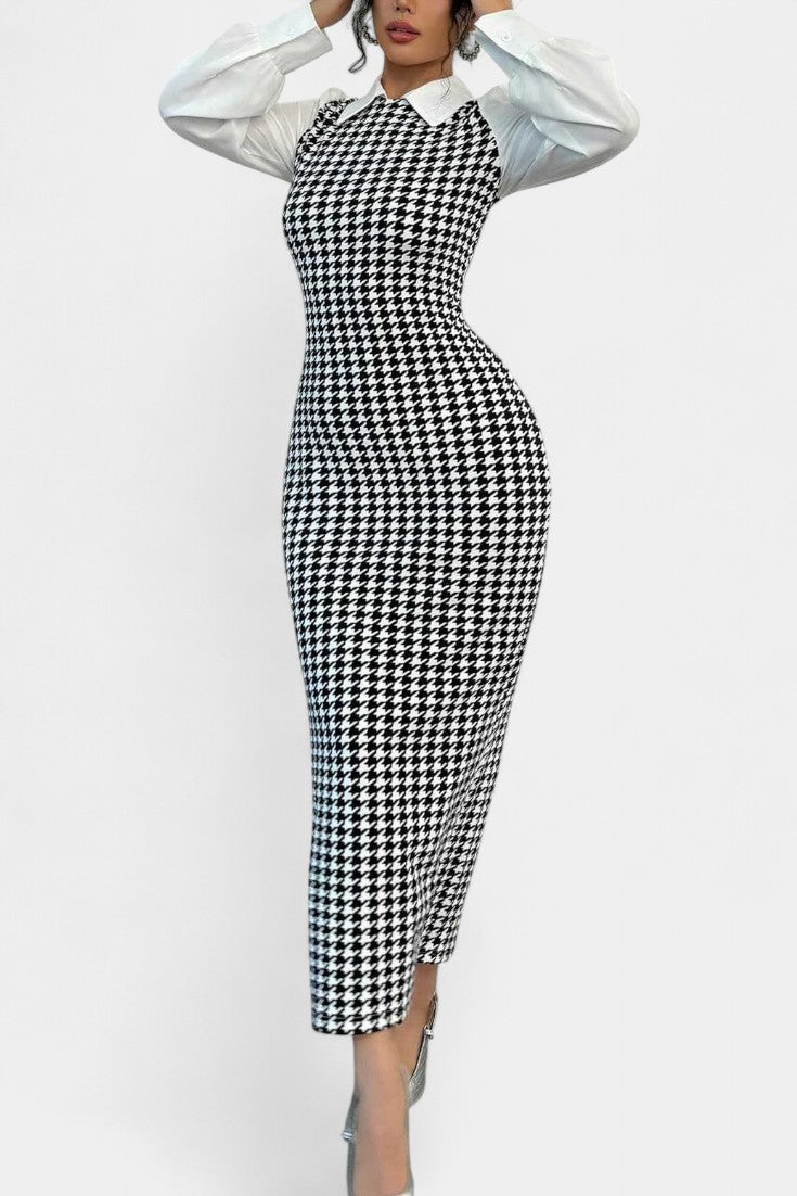 White Collared Houndstooth Contrast Puff Sleeve Bodycon Maxi Dress 3
