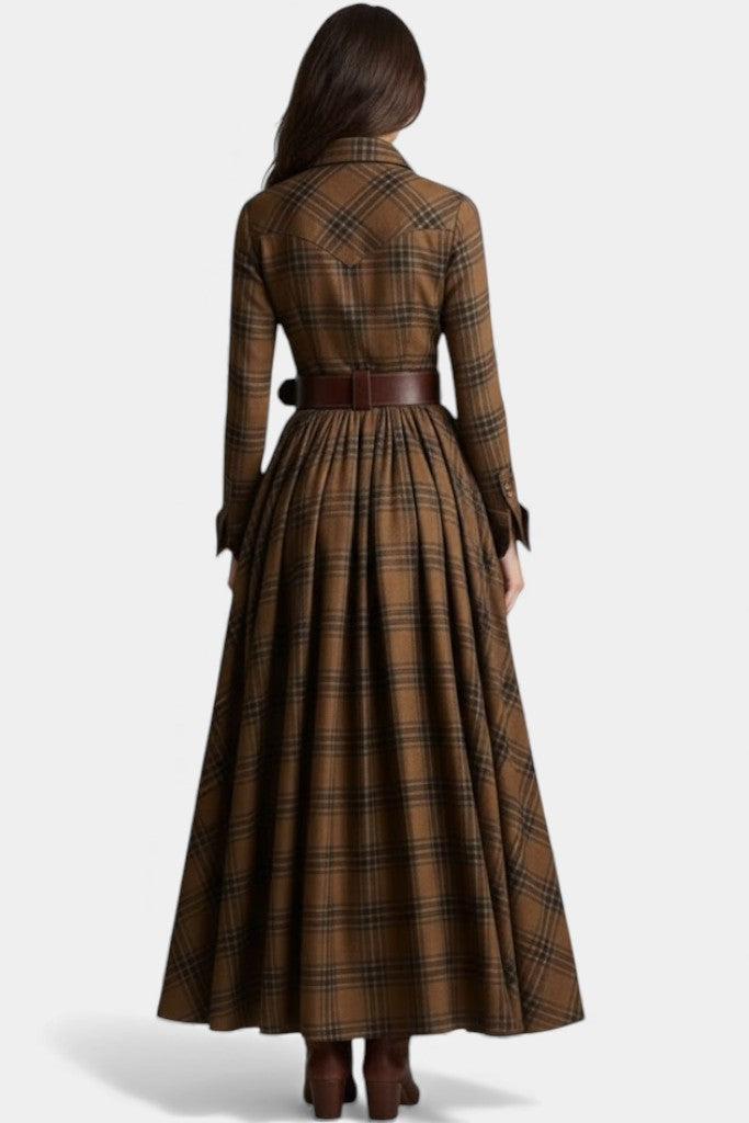 Camel Collared Plaid Button Front Belted High Slit Long Sleeve Maxi Dress 4