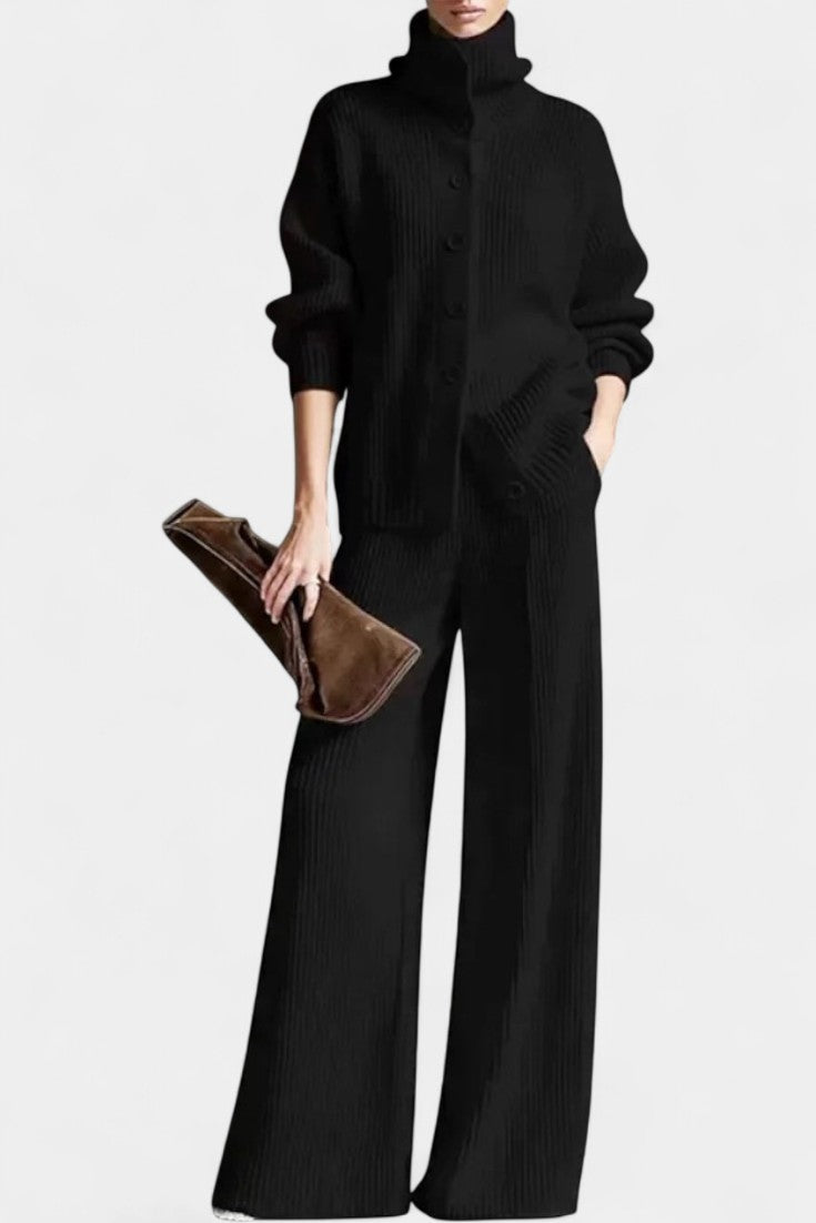 High Neck Ribbed Knit Button Front Cardigan Wide Leg Pants Set 3