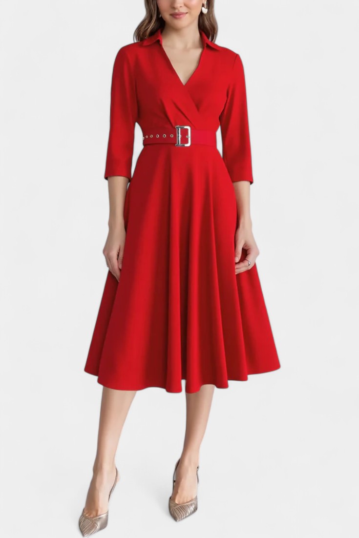 Collared V-Neck Surplice Belted A-Line Midi Dress 4