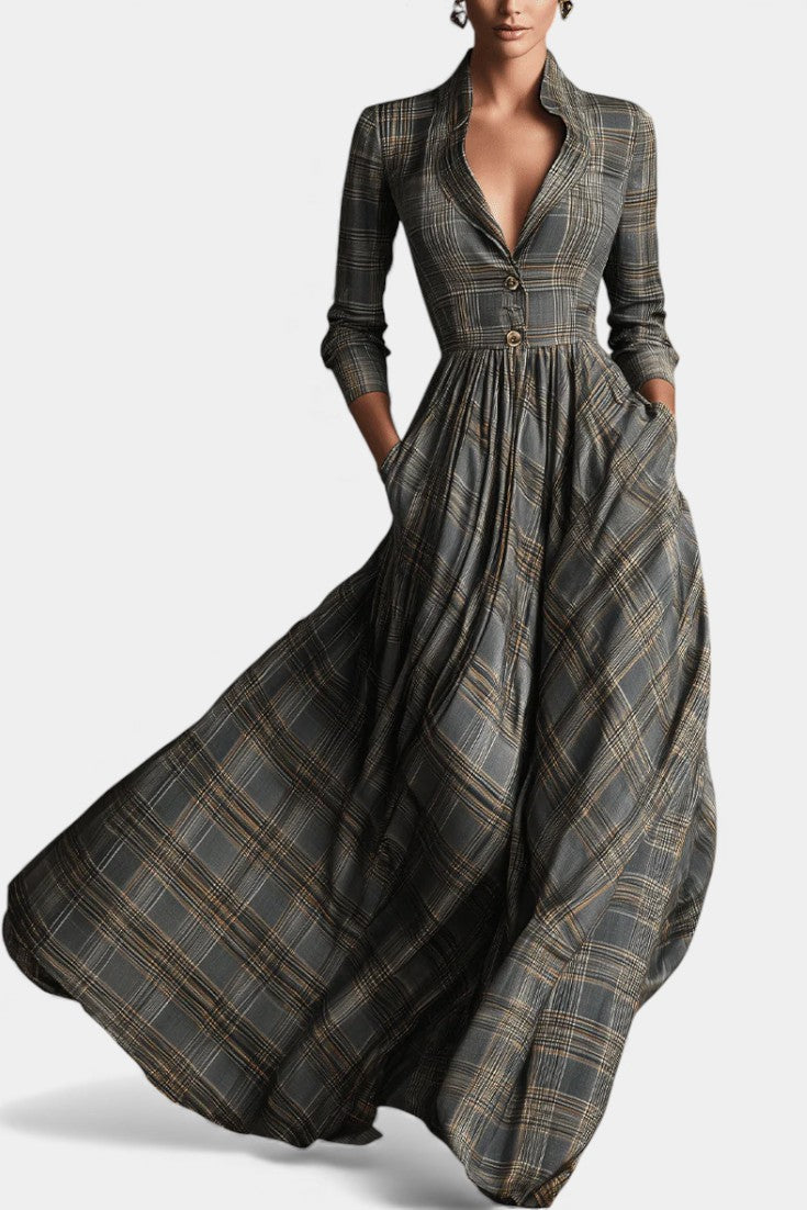 Stand Collar Plaid Long Sleeve Button Front Flared Maxi Dress