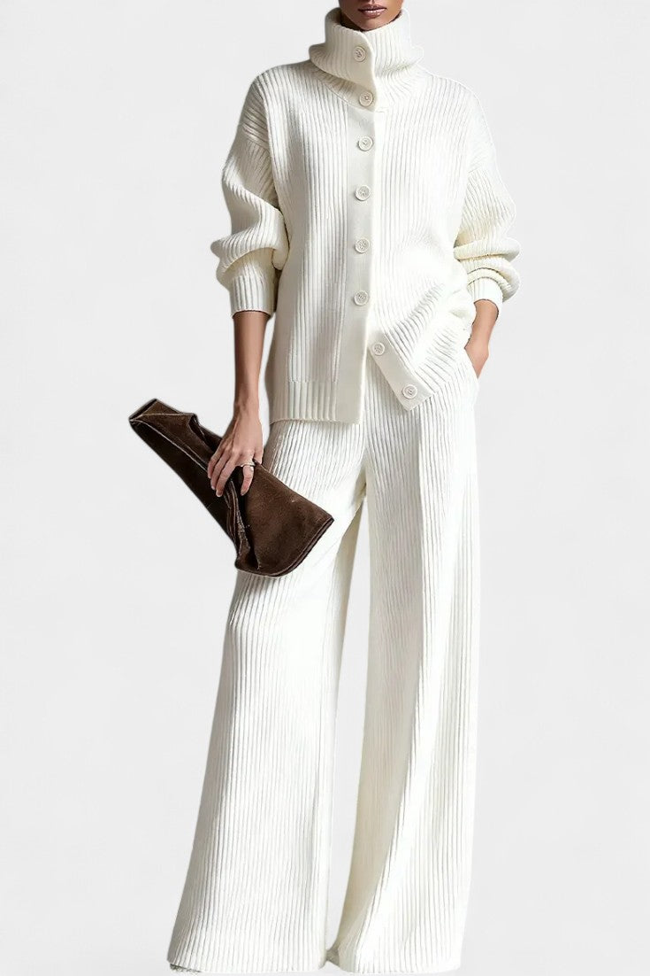 High Neck Ribbed Knit Button Front Cardigan Wide Leg Pants Set 2