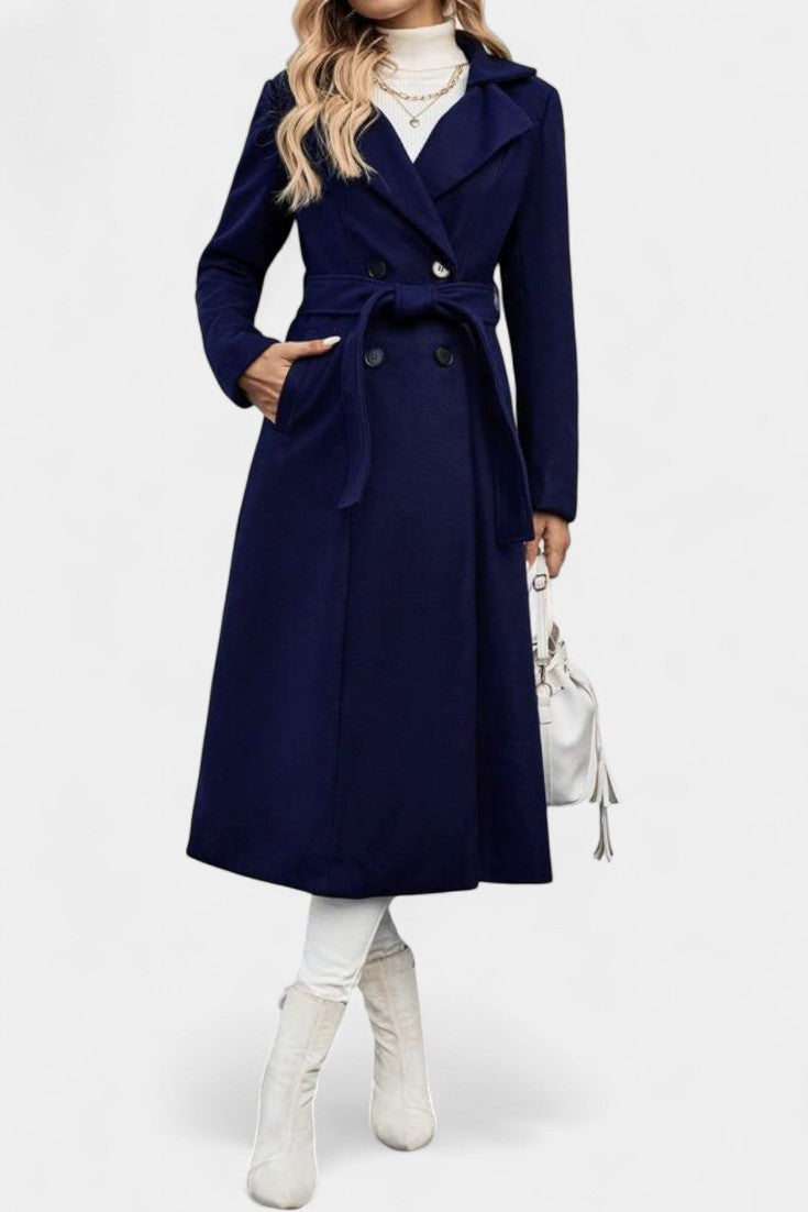 Notched Lapel Belted Plaid Wool Long Coat 7