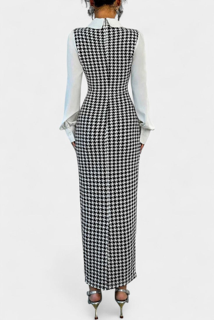 White Collared Houndstooth Contrast Puff Sleeve Bodycon Maxi Dress 4