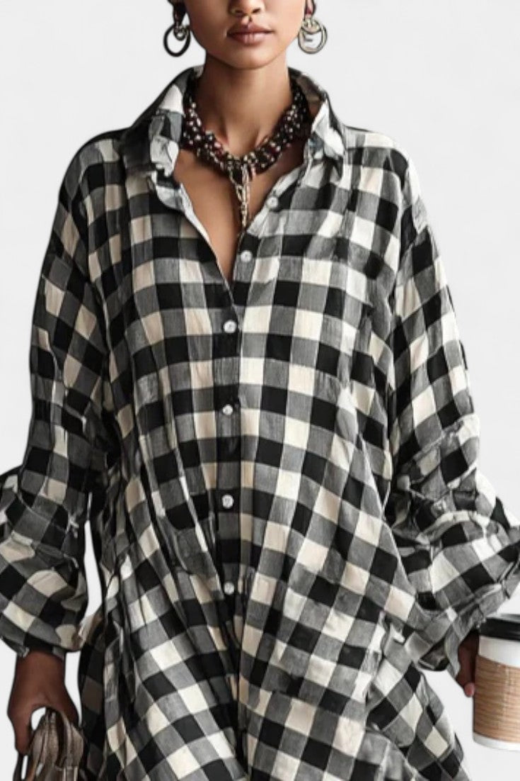 Black Collared Gingham Check Long Sleeve Button Front Oversized Maxi Dress 2