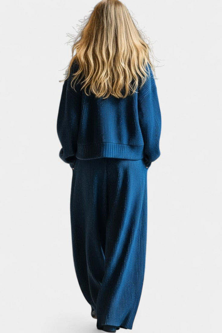 Button Front Textured Patch Pocket Cardigan and Wide Leg Pants Set 2