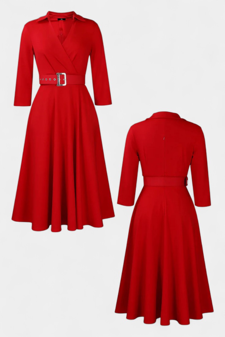Collared V-Neck Surplice Belted A-Line Midi Dress 5