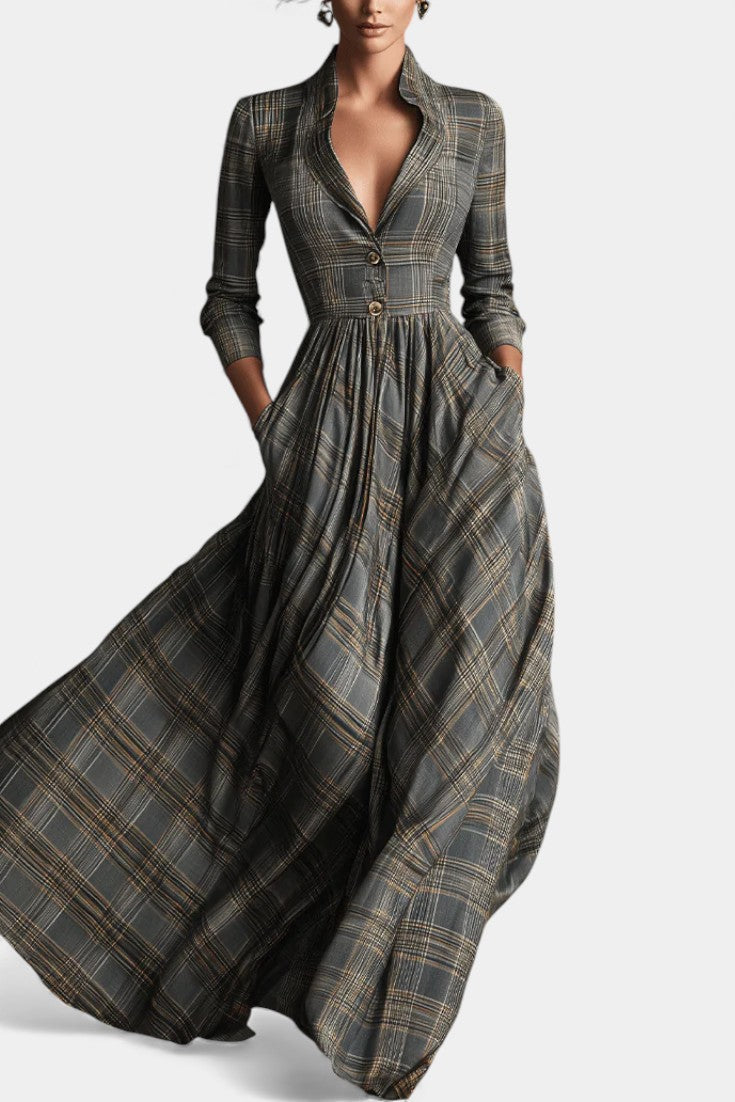 Stand Collar Plaid Long Sleeve Button Front Flared Maxi Dress 4