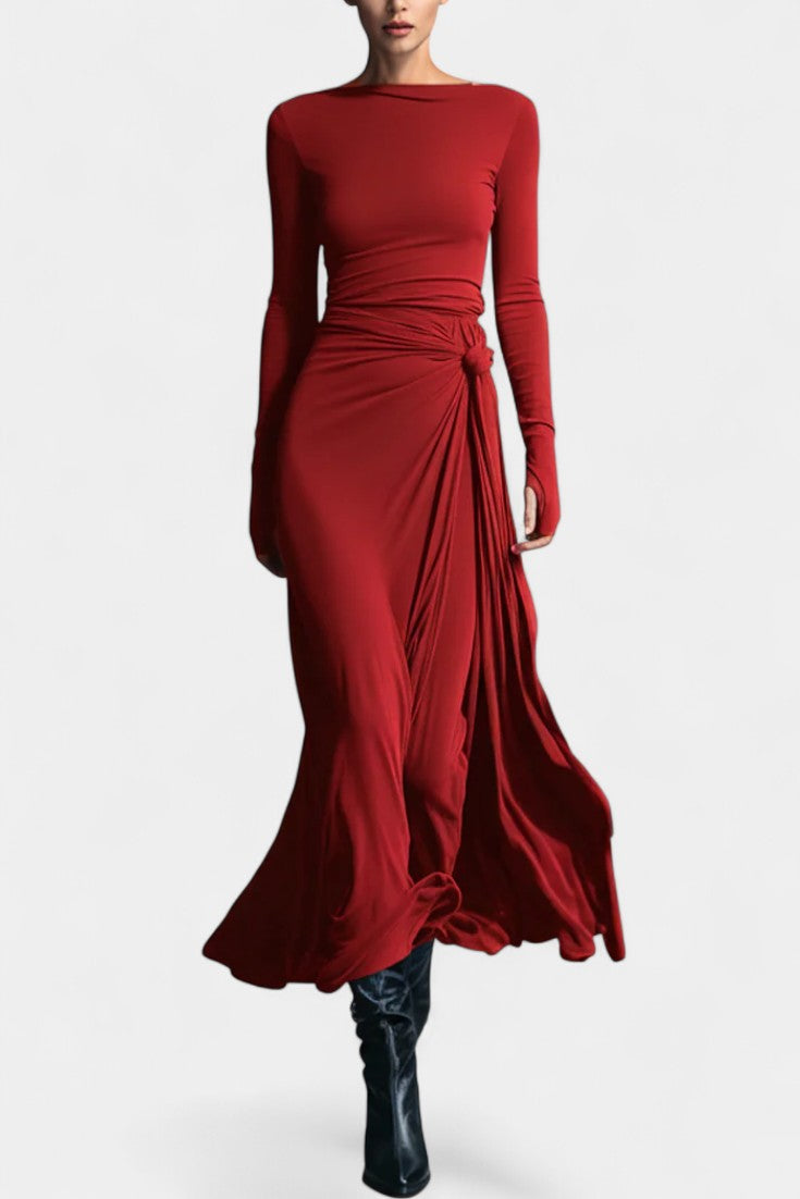 Boat Neck Long Sleeve Ruched Twist High Slit Maxi Dress 6