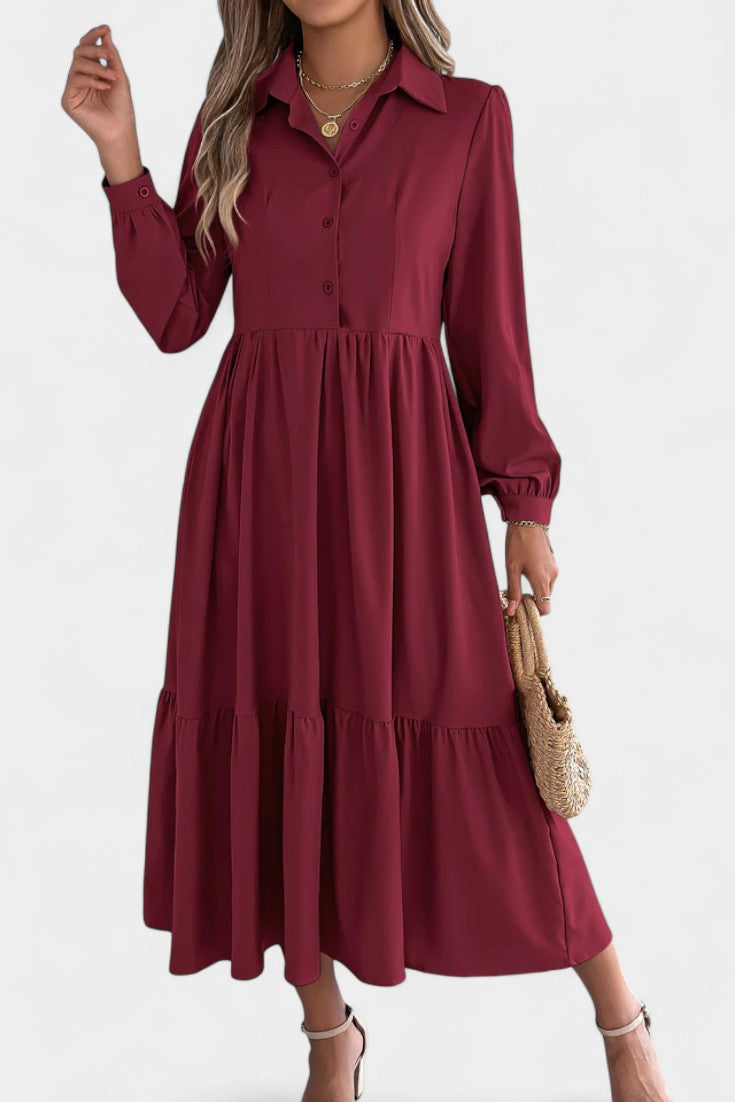 Collared Button-Front Long Sleeve Tiered Shirt Midi Dress 4