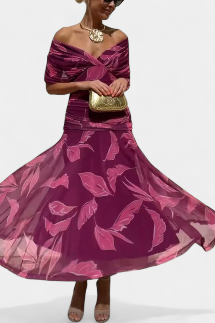 Off-Shoulder Twist Front Ruched Chiffon Flowy Maxi Dress