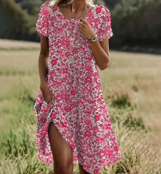 Round Neck Short Sleeve Abstract Stripe Print Shift Midi Dress 3