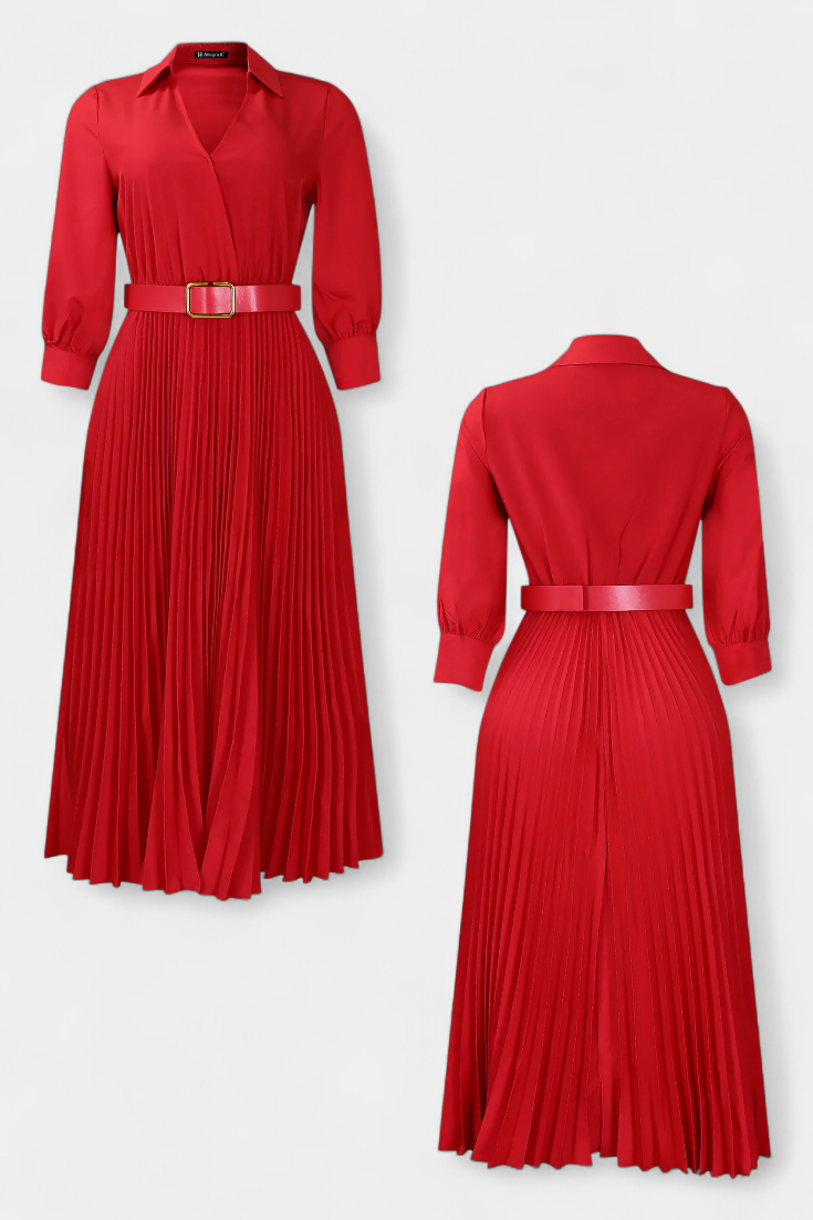 Collared Three-Quarter Sleeve Belted Pleated A-Line Midi Dress 2