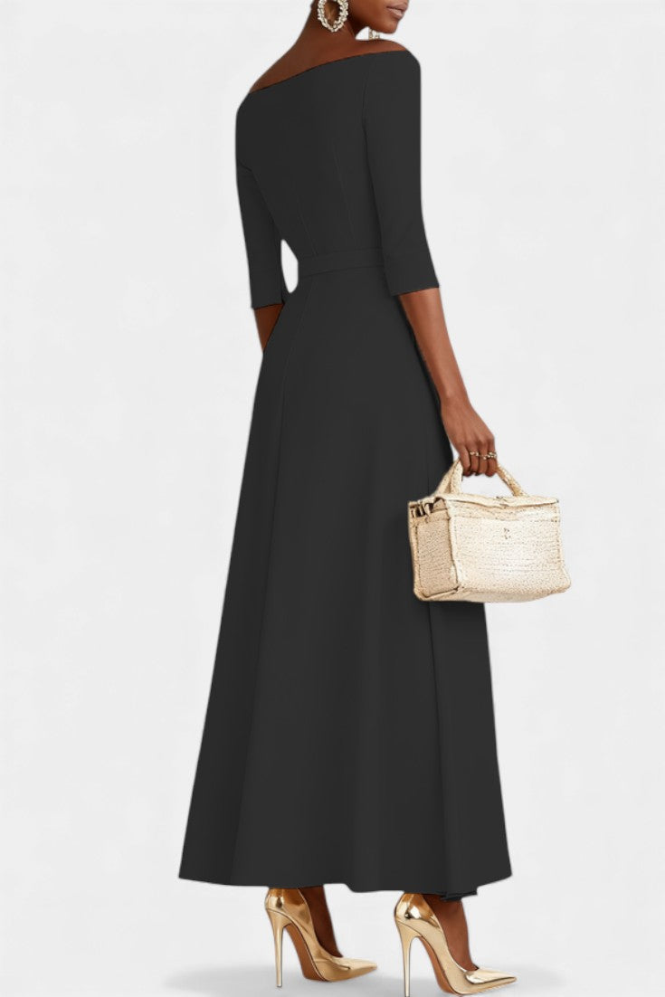 Off-Shoulder Half Sleeve Belted Waist A-Line Maxi Dress 7