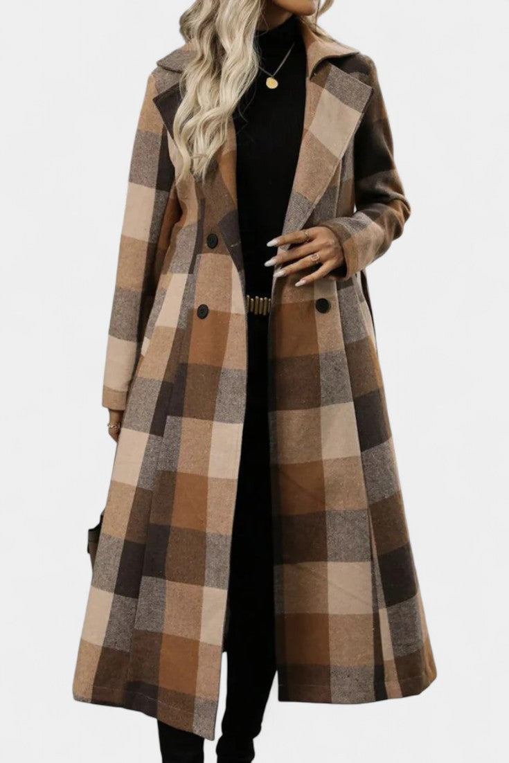 Notched Lapel Belted Plaid Wool Long Coat 4