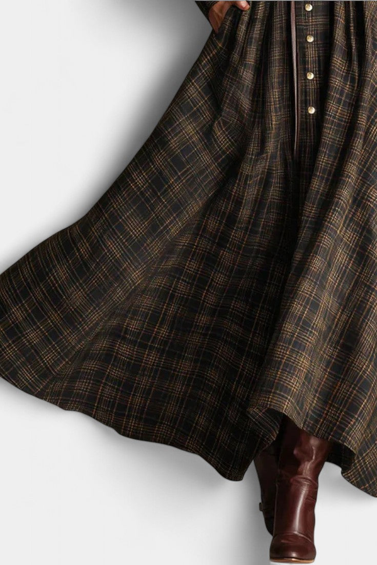 Brown Black Collared Long Sleeve Button Front Belted Plaid Flared Maxi Dress 5