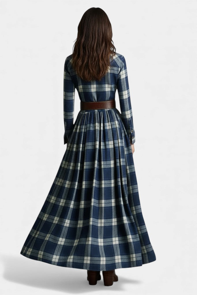 Blue Collared Plaid Button-Front Belted Long Sleeve Shirt Maxi Dress 4