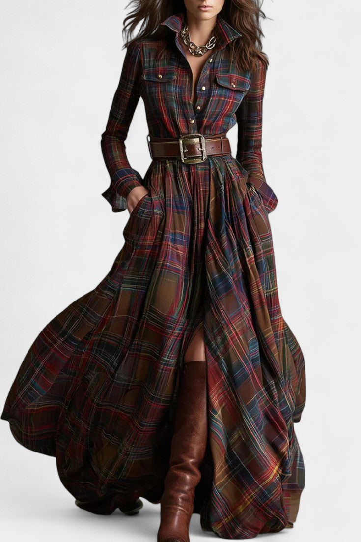 Reddish Brown Collared Plaid Button Front Belted Long Sleeve Flowing Maxi Dress