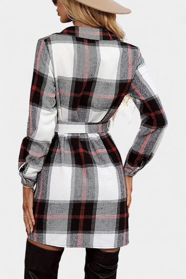 Collared Belted Plaid Check Long Sleeve Shirt Mini Dress 6
