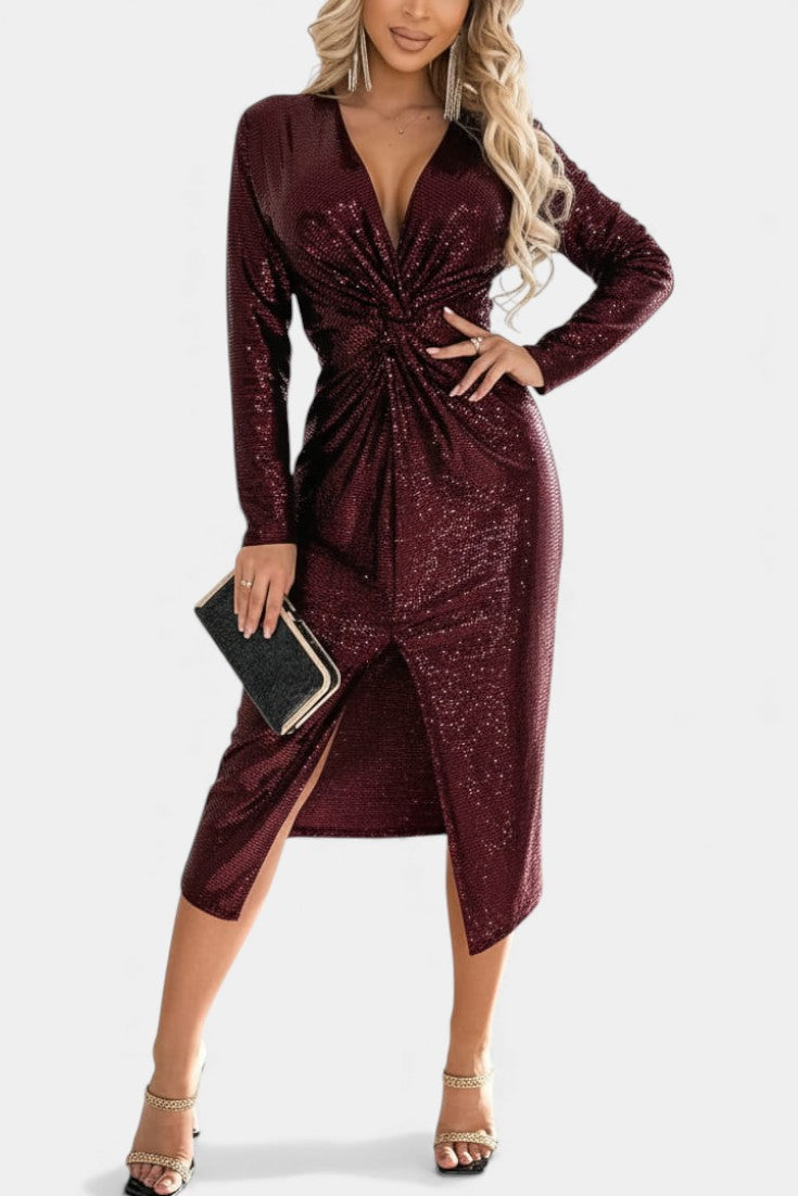 V-Neck Sequin Long Sleeve Twist Front High Slit Bodycon Midi Dress 13