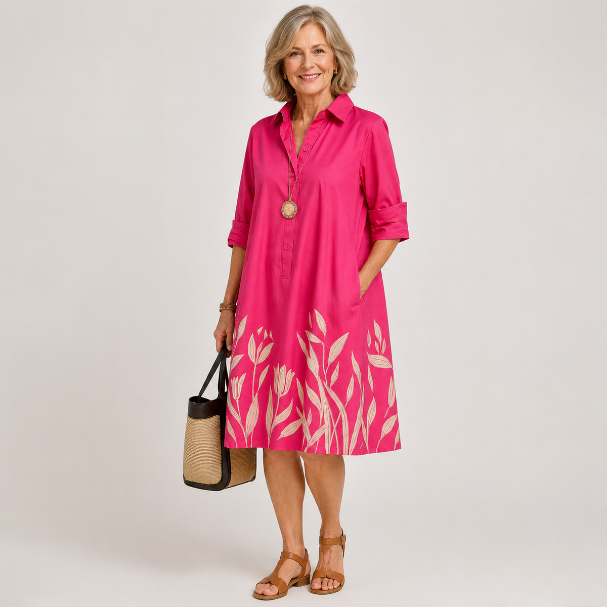 Pink Collared Half-Placket Roll-Up Sleeve Floral Print A-Line Midi Dress