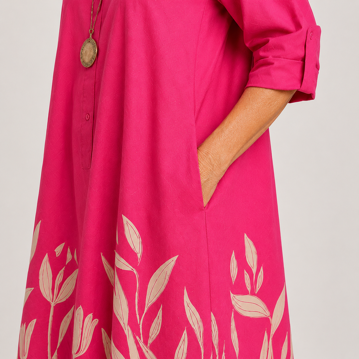 Pink Collared Tulip Border Print Long Sleeve A-Line Shirt Midi Dress