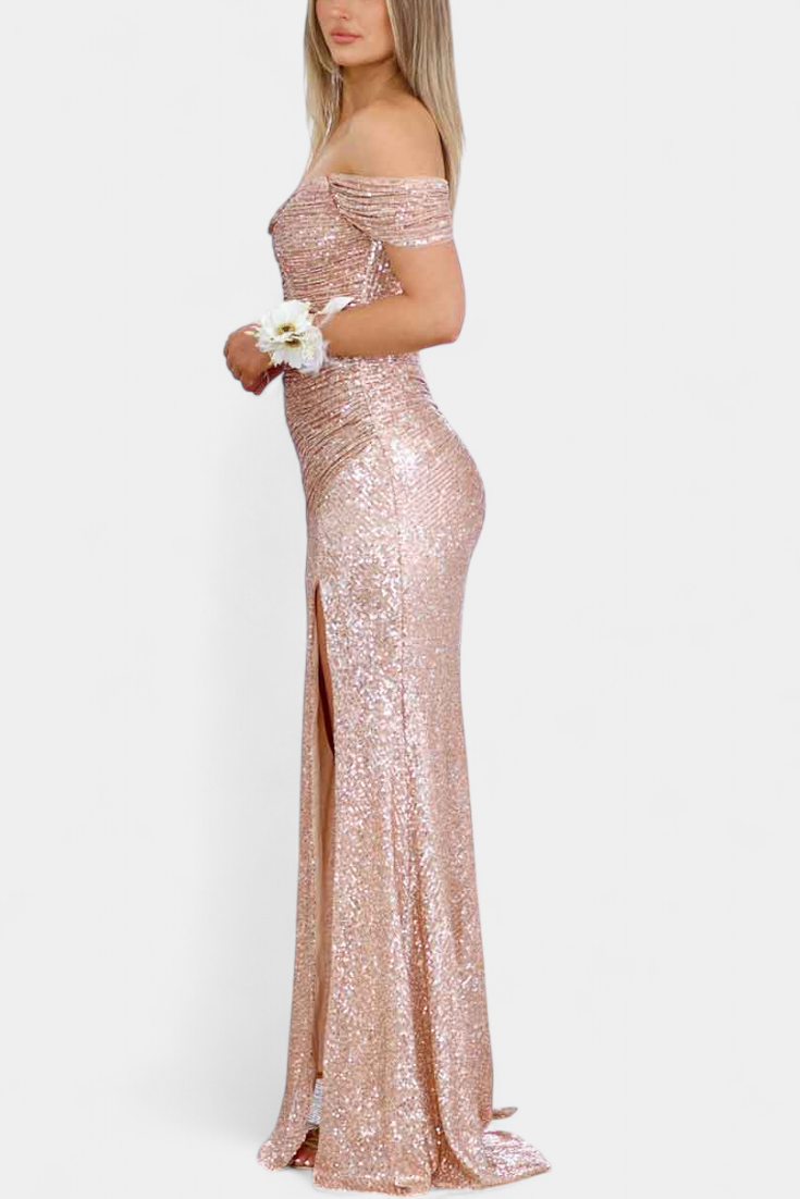Off-Shoulder Sweetheart Sequin Ruched High Slit Mermaid Gown 8