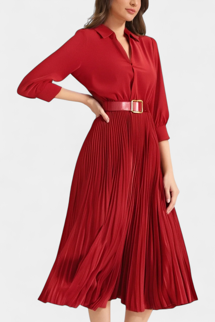 Collared Three-Quarter Sleeve Belted Pleated A-Line Midi Dress