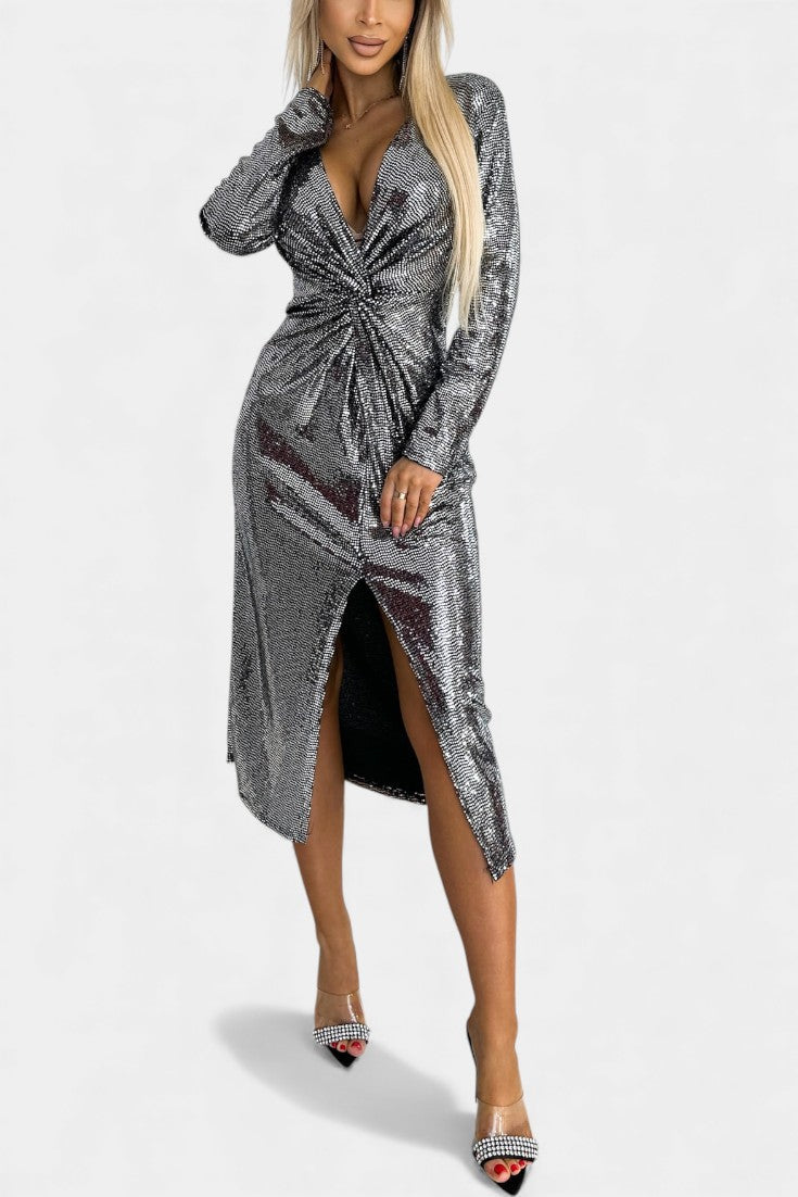 V-Neck Sequin Long Sleeve Twist Front High Slit Bodycon Midi Dress 9