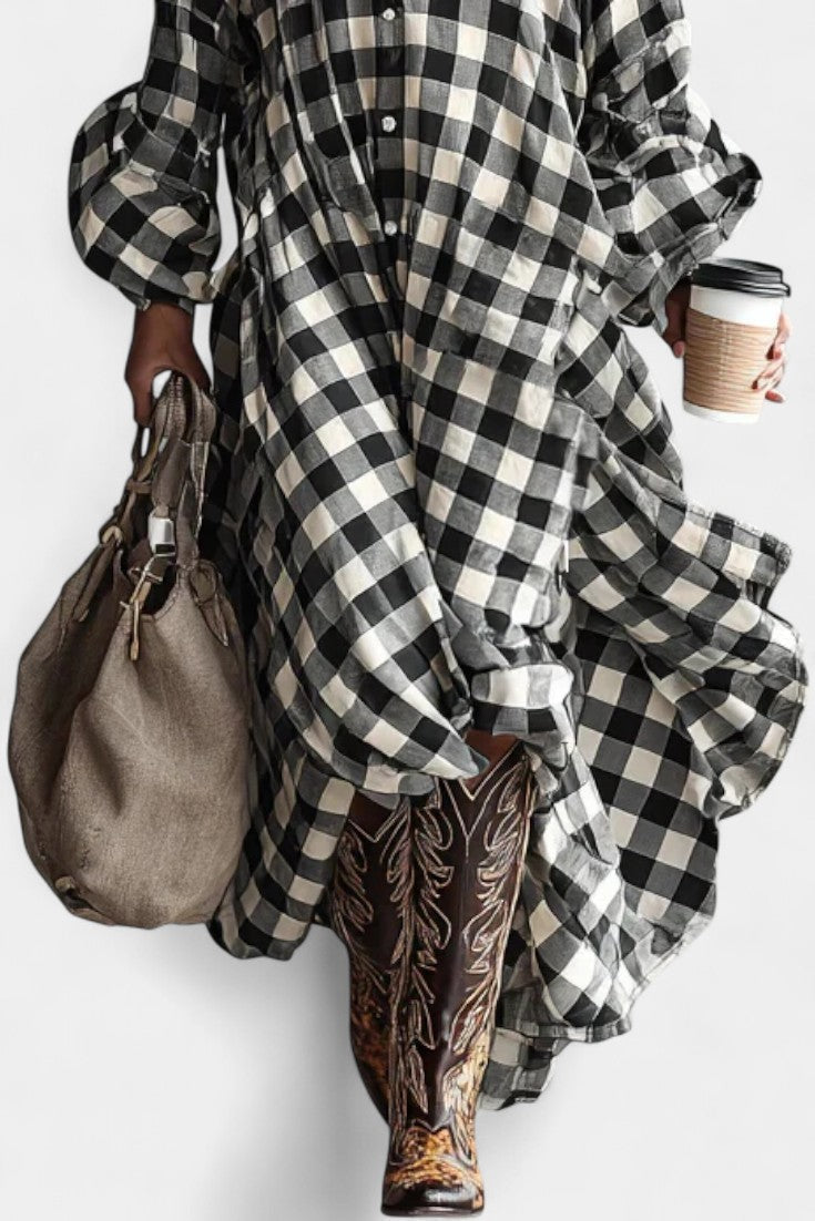 Black Collared Button-Front Gingham Check Oversized Shirt Maxi Dress 3