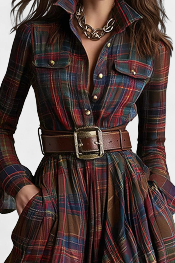 Reddish Brown Collared Plaid Button Front Belted Long Sleeve Flowing Maxi Dress 2